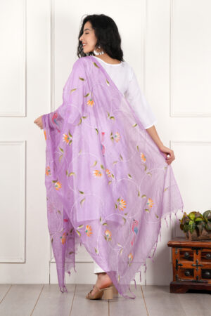 A R Silk DUPATTA HUB Women’s Levender Pure Hand Painted Multicolour Floral Kota Doria dupatta for woman(ARS01181)