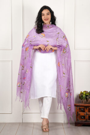 A R Silk DUPATTA HUB Women’s Levender Pure Hand Painted Multicolour Floral Kota Doria dupatta for woman(ARS01181)