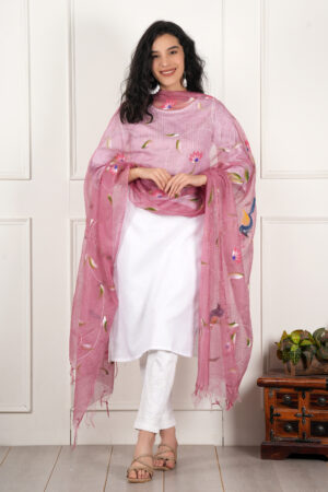 A R Silk DUPATTA HUB Women’s Piyazi Pure Hand Painted Multicolour Floral Kota Doria dupatta for woman(ARS01182)