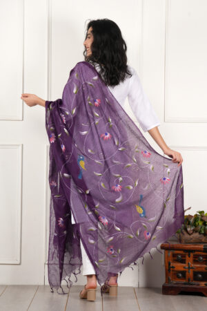 A R Silk DUPATTA HUB Women’s Purple Pure Hand Painted Multicolour Floral Kota Doria dupatta for woman(ARS01183)