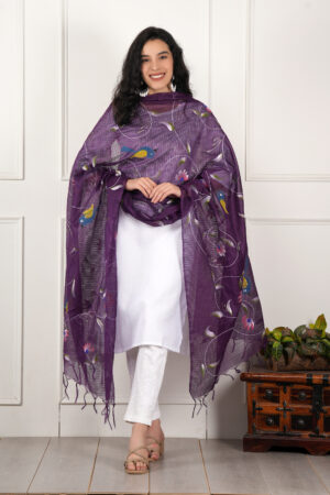 A R Silk DUPATTA HUB Women’s Purple Pure Hand Painted Multicolour Floral Kota Doria dupatta for woman(ARS01183)