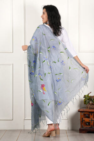 A R Silk DUPATTA HUB Women’s Light Grey Pure Hand Painted Multicolour Floral Kota Doria dupatta for woman(ARS01184)
