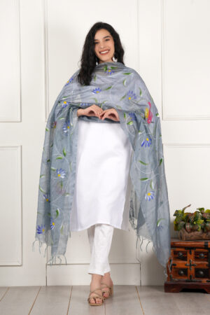 A R Silk DUPATTA HUB Women’s Light Grey Pure Hand Painted Multicolour Floral Kota Doria dupatta for woman(ARS01184)