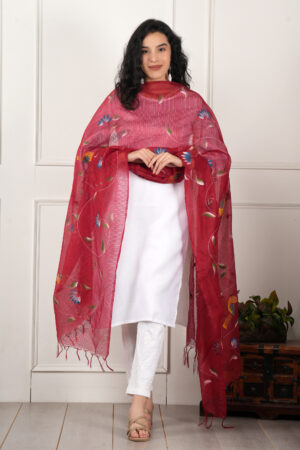 A R Silk DUPATTA HUB Women’s Maroon Pure Hand Painted Multicolour Floral Kota Doria dupatta for woman(ARS01185)