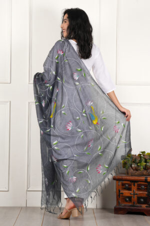 A R Silk DUPATTA HUB Women’s Grey Pure Hand Painted Multicolour Floral Kota Doria dupatta for woman(ARS01186)