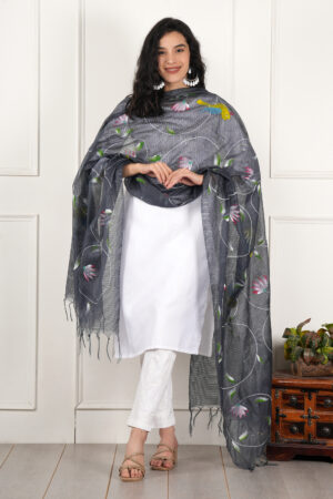 A R Silk DUPATTA HUB Women’s Grey Pure Hand Painted Multicolour Floral Kota Doria dupatta for woman(ARS01186)