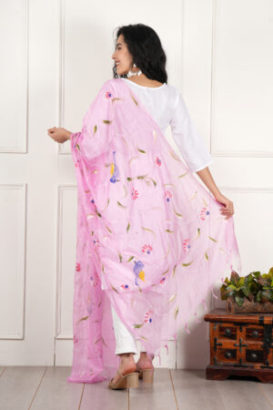 A R Silk DUPATTA HUB Women’s Baby Pink Pure Hand Painted Multicolour Floral Kota Doria dupatta for woman(ARS01187)