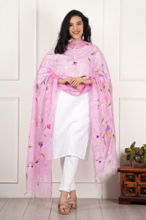 A R Silk DUPATTA HUB Women’s Baby Pink Pure Hand Painted Multicolour Floral Kota Doria dupatta for woman(ARS01187)