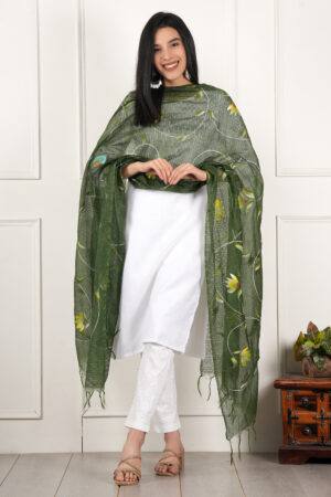 A R Silk DUPATTA HUB Women’s Green Pure Hand Painted Multicolour Floral Kota Doria dupatta for woman(ARS01191)