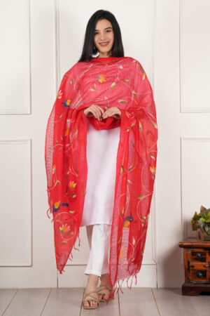 A R Silk DUPATTA HUB Women’s Red Pure Hand Painted Multicolour Floral Kota Doria dupatta for woman(ARS01192)