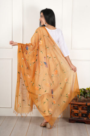 A R Silk DUPATTA HUB Women’s Mustard Pure Hand Painted Multicolour Floral Kota Doria dupatta for woman(ARS01195)