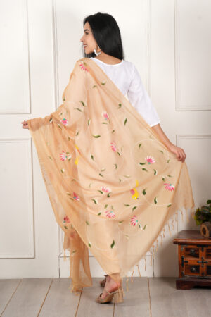 A R Silk DUPATTA HUB Women’s Golden Pure Hand Painted Multicolour Floral Kota Doria dupatta for woman(ARS01196)