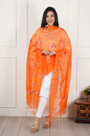 A R Silk DUPATTA HUB Women’s Orange Pure Hand Painted Multicolour Floral Kota Doria dupatta for woman(ARS01198)
