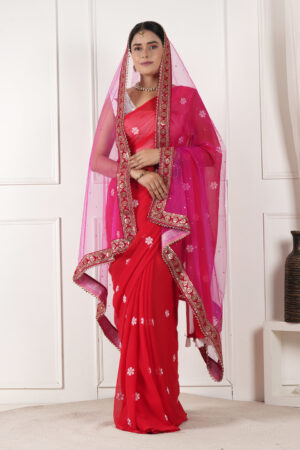A R SILK DUPATTA HUB Women’s Stone Work Net Dupatta With Zari Embroidered Work With 4 Sides Moti Lace Pink Fancy and Bridal Dupatta(ARS01200)