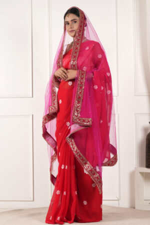 A R SILK DUPATTA HUB Women’s Stone Work Net Dupatta With Zari Embroidered Work With 4 Sides Moti Lace Pink Fancy and Bridal Dupatta(ARS01200)