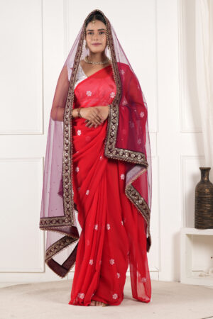 A R SILK DUPATTA HUB Women’s Stone Work Net Dupatta With Zari Embroidered Work With 4 Sides Moti Lace Wine Fancy and Bridal Dupatta(ARS01202)