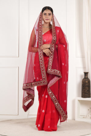 A R SILK DUPATTA HUB Women’s Stone Work Net Dupatta With Zari Embroidered Work With 4 Sides Moti Lace Maroon Fancy and Bridal Dupatta(ARS01204)