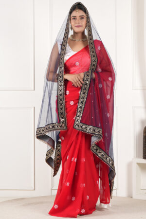 A R SILK DUPATTA HUB Women’s Stone Work Net Dupatta With Zari Embroidered Work With 4 Sides Moti Lace Blue Fancy and Bridal Dupatta(ARS01205)