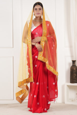 A R SILK DUPATTA HUB Women’s Stone Work Net Dupatta With Zari Embroidered Work With 4 Sides Moti Lace Yellow Fancy and Bridal Dupatta(ARS01206)