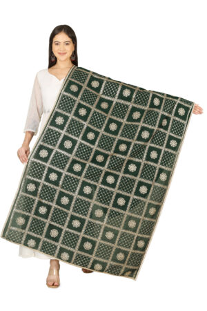 A R SILK DUPATTA HUB Women’s Floral Embroidery Zari & Sequence Work Silk Blend Dark Green Fancy and Bridal Dupatta(ARS01225)