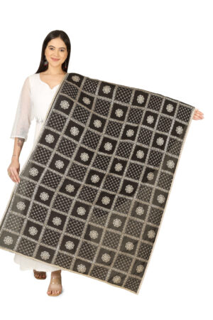 A R SILK DUPATTA HUB Women’s Floral Embroidery Zari & Sequence Work Silk Blend Black Fancy and Bridal Dupatta(ARS01226)