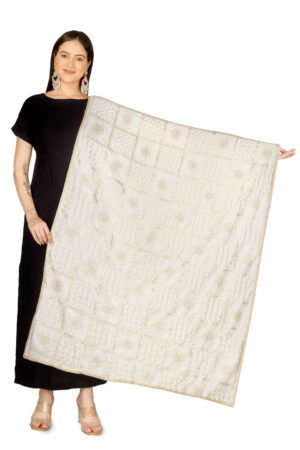 A R SILK DUPATTA HUB Women’s Floral Embroidery Zari & Sequence Work Silk Blend White Fancy and Bridal Dupatta(ARS01227)