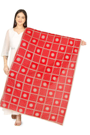 A R SILK DUPATTA HUB Women’s Floral Embroidery Zari & Sequence Work Silk Blend Red Fancy and Bridal Dupatta(ARS01230)