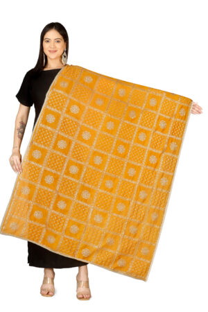A R SILK DUPATTA HUB Women’s Floral Embroidery Zari & Sequence Work Silk Blend Yellow Fancy and Bridal Dupatta(ARS01232)