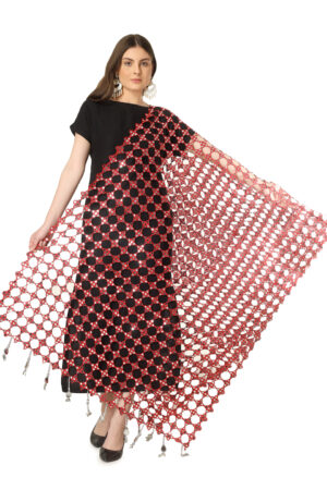 A R SILK DUPATTA HUB Women’s Original Mirror Work  With Hand Made Tassels Red Fancy and Bridal Dupatta(ARS01234)