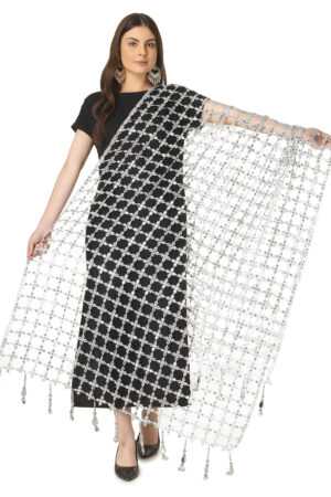 A R SILK DUPATTA HUB Women’s Foil Mirror Work With Hand Made Tassels Silver Fancy and Bridal Dupatta(ars01237)
