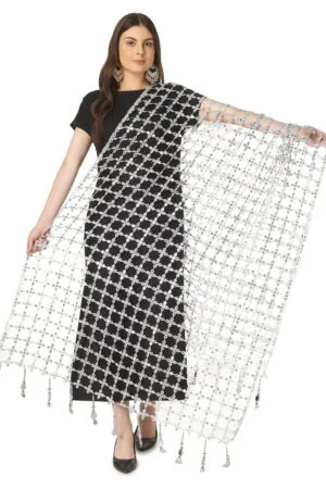 A R SILK DUPATTA HUB Women’s Foil Mirror Work With Hand Made Tassels Silver Fancy and Bridal Dupatta(ars01237)