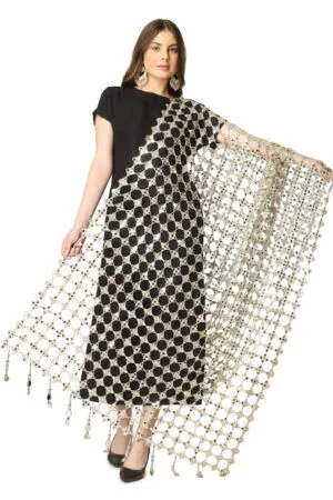 A R SILK DUPATTA HUB Women’s Original Mirror Work With Hand Made Tassels Golden Fancy and Bridal Dupatta(ARS01238)