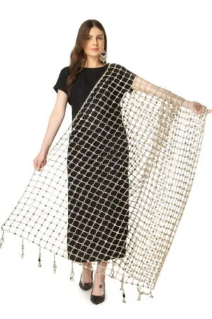 A R SILK DUPATTA HUB Women’s Original Mirror Work With Hand Made Tassels Golden Fancy and Bridal Dupatta(ARS01239)