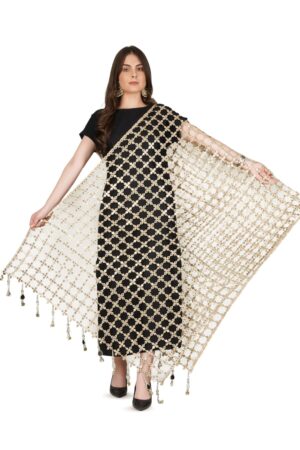 A R SILK DUPATTA HUB Women’s Foil Mirror Work With Hand Made Tassels Gold Fancy and Bridal Dupatta(ars01240)