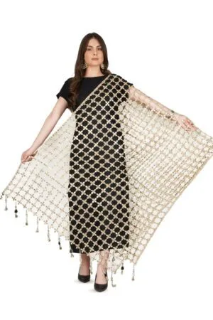 A R SILK DUPATTA HUB Women’s Foil Mirror Work With Hand Made Tassels Gold Fancy and Bridal Dupatta(ars01240)