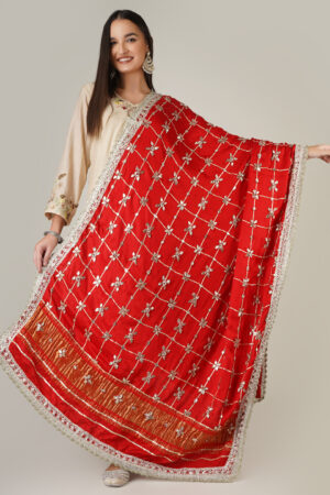 A R SILK DUPATTA HUB Women’s Gojji Silk Red all over gotta patti Jaal work and Golden Lace heavy Fancy and wedding Dupatta(ARS01254)