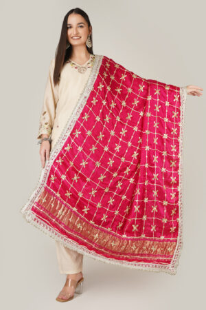 A R SILK DUPATTA HUB Women’s Gojji Silk Rani all over gotta patti Jaal work and Golden Lace heavy Fancy and wedding Dupatta(ARS01256)