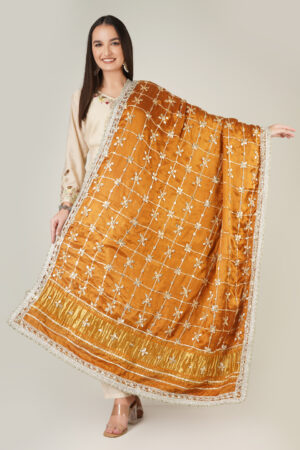 A R SILK DUPATTA HUB Women’s Gojji Silk Mustard all over gotta patti Jaal work and Golden Lace Fancy and wedding Dupatta(ARS01258)