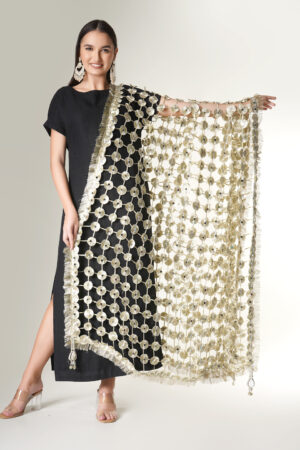 A R SILK DUPATTA HUB Women’s Hand Made Gota Flowers With Mirror Work With Hand Made Tassels Golden Fancy and Bridal Dupatta(ARS01269)