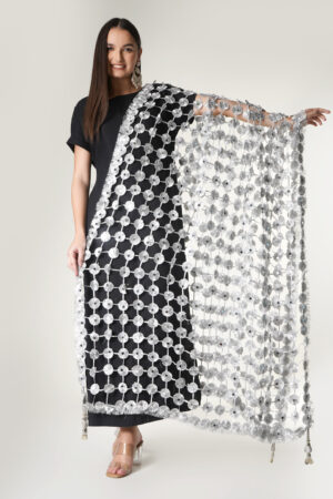 A R SILK DUPATTA HUB Women’s Hand Made Gota Flowers With Mirror Work With Hand Made Tassels Silver Fancy and Bridal Dupatta(ARS01270)