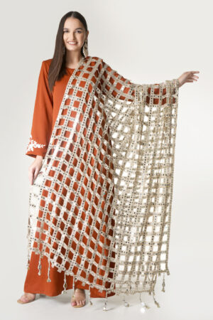 A R SILK DUPATTA HUB Women’s Original Mirror Work With Hand Made Tassels Golden Fancy and Bridal Dupatta(ARS01271)