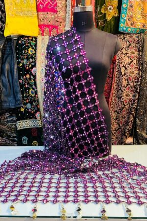 A R SILK DUPATTA HUB Women’s Original Mirror Work With Hand Made Tassels Purple Fancy and Bridal Dupatta(ARS01272)