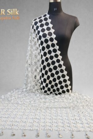 A R SILK DUPATTA HUB Women’s Original Mirror Work With Hand Made Tassels Silver Fancy and Bridal Dupatta(ARS01274)