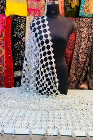 A R SILK DUPATTA HUB Women’s Original Mirror Work With Hand Made Tassels Silver Fancy and Bridal Dupatta(ARS01274)