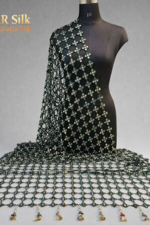 A R SILK DUPATTA HUB Women’s Original Mirror Work With Hand Made Tassels Green Fancy and Bridal Dupatta(ARS01276)