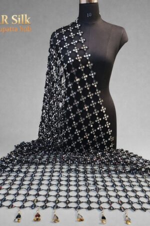 A R SILK DUPATTA HUB Women’s Original Mirror Work With Hand Made Tassels Black Fancy and Bridal Dupatta(ARS01278)