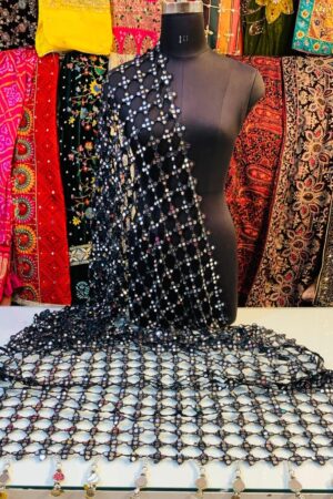 A R SILK DUPATTA HUB Women’s Original Mirror Work With Hand Made Tassels Black Fancy and Bridal Dupatta(ARS01278)