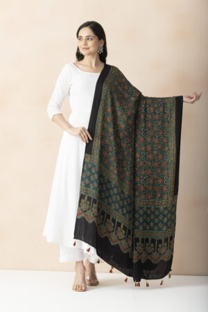 A R SILK DUPATTA HUB Women’s Rama Green Modal Silk Handblock Printed Ajrakh Fancy Dupatta(ARS01320)