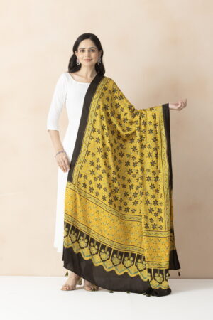 A R SILK DUPATTA HUB Women’s Yellow Modal Silk Handblock Printed Ajrakh Fancy Dupatta(ARS01322)