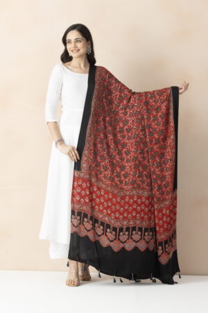 A R SILK DUPATTA HUB Women’s Red Modal Silk Handblock Printed Ajrakh Fancy Dupatta(ARS01323)
